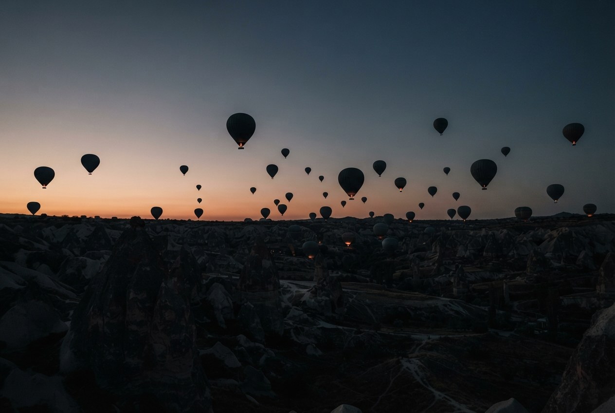 Gece çökerken vadideki balon siluetleri
