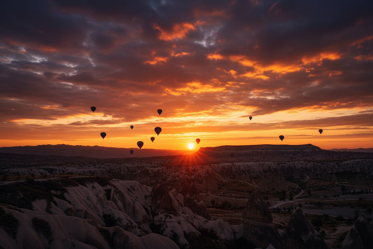 Kapadokya'da gün batımında ufka inen güneş ve balon siluetleri